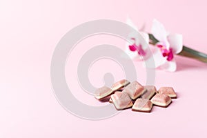Pink chocolate bar and flower on pink background. Ruby new chocolate. New pink sweet dessert