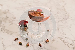 A pink and chocolate cocktail.