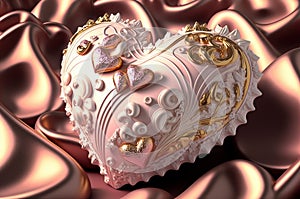 Pink chocolate decorated heart, on a satin background. Digital painting effect.