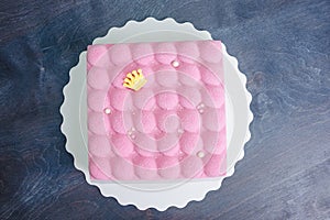 Pink chocolate velour mousse cake with pearls