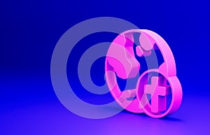 Pink Christian cross with globe Earth icon isolated on blue background. World religion day. Minimalism concept. 3D
