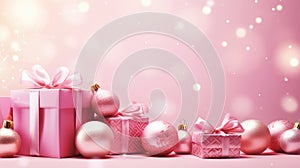 Pink Christmas background with festive shiny gift boxes and Christmas balls. Holiday Christmas and New Year backdrop