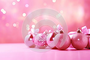 Pink Christmas background with festive shiny gift boxes and Christmas balls. Holiday Christmas and New Year backdrop
