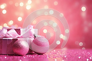 Pink Christmas background with festive shiny gift boxes and Christmas balls. Holiday Christmas and New Year backdrop