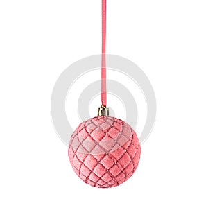 pink christmas ball hanging, isolated on white background. christmas tree ornaments covered with velvet.