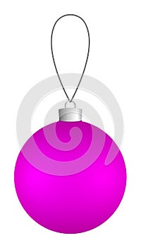 Pink Christmas ball hanging on a thread isolated on a white background.