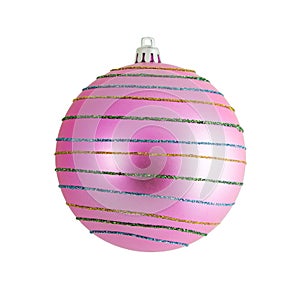 Pink christmas ball with stripes isolated on white background with clipping path