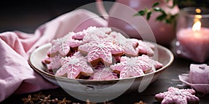 Pink Christmas banner with star shaped glazed gingerbread cookies. Pink tea pot and a burning candle and a green branch