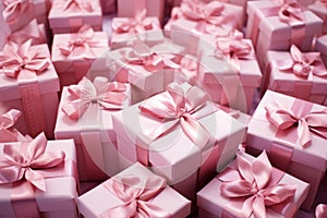 Pink Christmas gift boxes. Minimalistic festive background, horizontal web banner. A cardboard box with a surprise inside with a