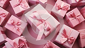 Pink Christmas gift boxes. Minimalistic festive background, horizontal web banner. A cardboard box with a surprise inside with a