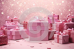 Pink Christmas gift boxes. Minimalistic festive background, horizontal web banner. A cardboard box with a surprise inside with a