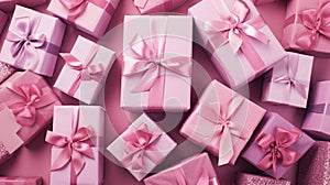 Pink Christmas gift boxes. Minimalistic festive background, horizontal web banner. A cardboard box with a surprise inside with a