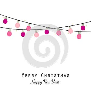 Hanging colorful light bulbs with stars. Happy new year greeting cardPink christmas light bulb. Happy new year greeting card