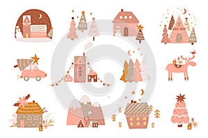 Pink Christmas and New Year elements set. Winter village houses, Christmas tree, deer, car, mountains, fur tree