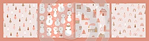 Pink Christmas pattern set. Pastel winter seamless repeated background. Christmas trees, houses, village, snowman