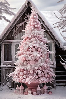 A pink christmas tree all decorated front of a cabin covered in snow, AI