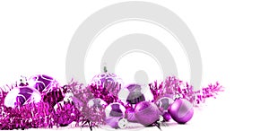 Pink Christmas tree balls and decorations isolated