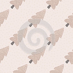 Pink christmas tree seamless pattern. Pink background with dots. Monochrome design