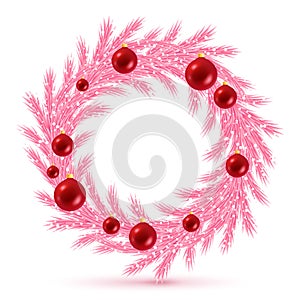 Pink christmas tree wreath with decorations.