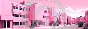 Pink city for, fashion, pop, lifestyle background. Harajuku, or kawaii feel. Pink buildings and sky. pink cityscape abstract