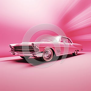 Pink classic car on pink background with barbie movie concept