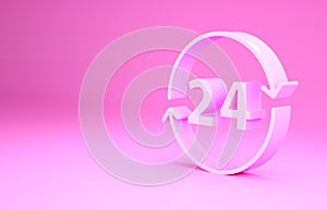 Pink Clock 24 hours icon isolated on pink background. All day cyclic icon. 24 hours service symbol. Minimalism concept