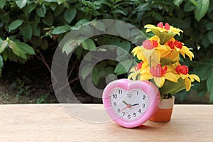 pink clock and flower vase