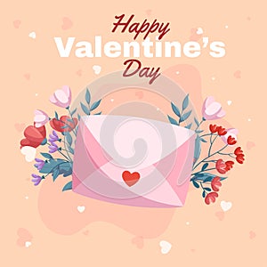 Pink closed envelop, red and pink flowers green leaves on beige backdrop. St. Valentines Day square template design