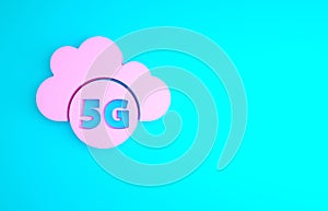 Pink Cloud 5G new wireless internet wifi connection icon isolated on blue background. Global network high speed