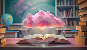 Pink cloud above an open book in the classroom. Education conceptual background