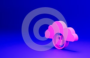 Pink Cloud computing lock icon isolated on blue background. Security, safety, protection concept. Protection of personal