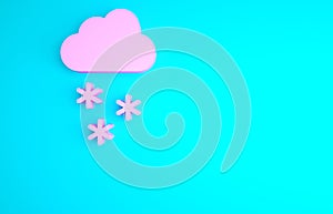 Pink Cloud with snow icon isolated on blue background. Cloud with snowflakes. Single weather icon. Snowing sign