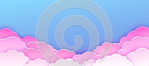 Pink cloud vector background. Fantasy clouds in realistic paper cut style on purple blue sky. Surrealism bright light