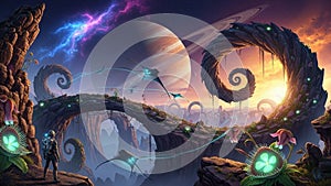 Pink clouds add to the otherworldly atmosphere suggestive of a distant