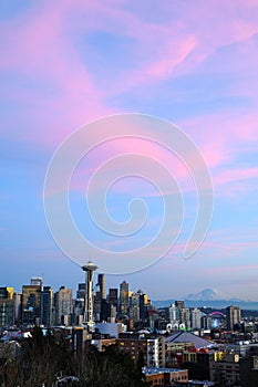 Pink clouds over the City of Seattle at sunset