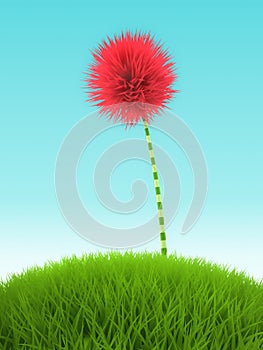 Pink clover flower in the grass on blue background