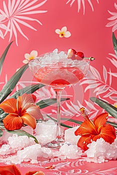 Pink Cocktail With Garnish on Crushed Ice