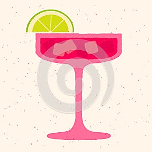 Pink cocktail with ice cubes, lime. Lemonade in margarita glass. Tequila with gin tonic