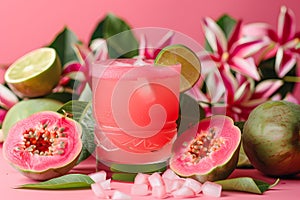 A pink cocktail in an ice filled tiki glass, surrounded by guava and lime slices with tropical flowers in the background