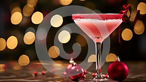 a pink cocktail in a martini glass with a red sugar rim, set against the backdrop of festive Christmas decorations