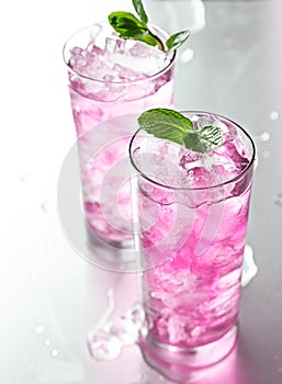 Pink cocktail with mint garnish.