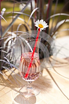 pink coctail with straw. refreshing drink glass with ice on sunlight and grass background. Ice cubes