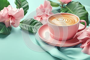 Pink coffee cup with latte art surrounded by tropical flowers