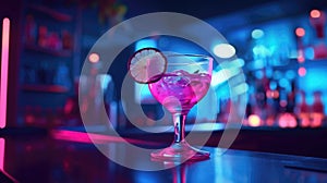 Pink cold alcohol drink. Cocktail glass bar or pub. Neon light. Night club party