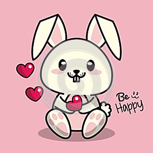 Pink color background with cute kawaii animal rabbit with heart in your arms