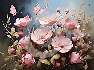 Pink Color butterflies painted with oil paints and delicate wildflowers Colorful oil paint art