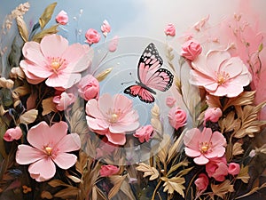 Pink Color butterflies painted with oil paints and delicate wildflowers Colorful oil paint art