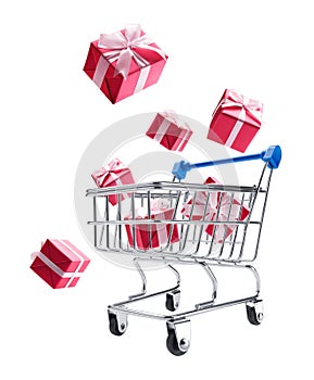 Pink color gift boxes popping out from shopping cart