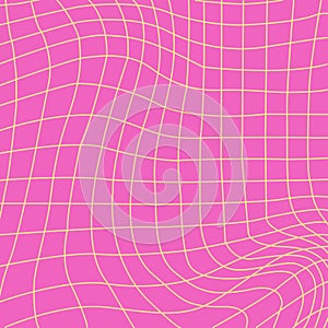 Pink color Grid curved background. Mesh of distorted dynamic curved lines. Abstract geometric pattern.Wave monochrome texture. Rip