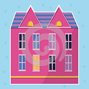 Pink color house sticker in flat style. Modern icon for banner design. Sticker style. Cute cartoon design elements.